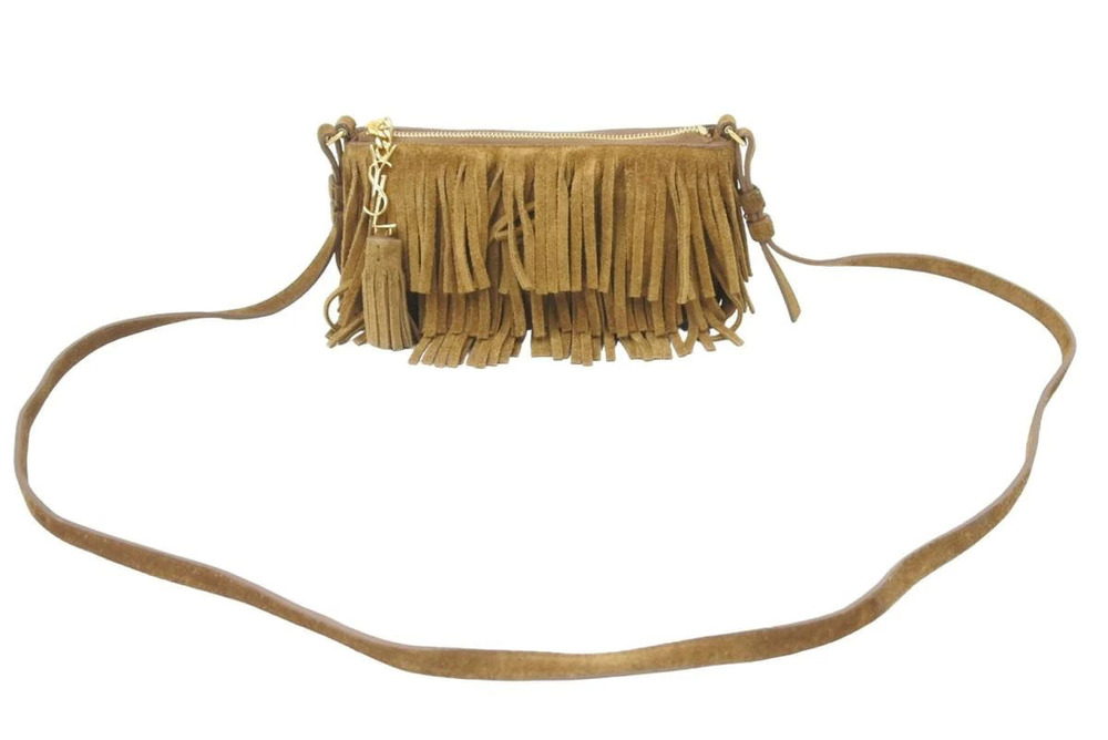 Saint Laurent Fringe Silk Suede Shoulder Bag Brown